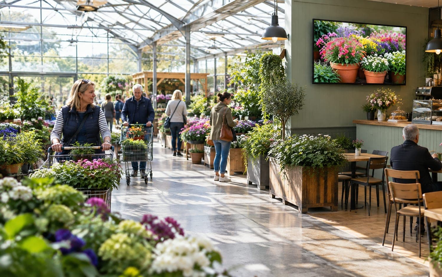 A garden centre with a DisplayCircle screen on the wall