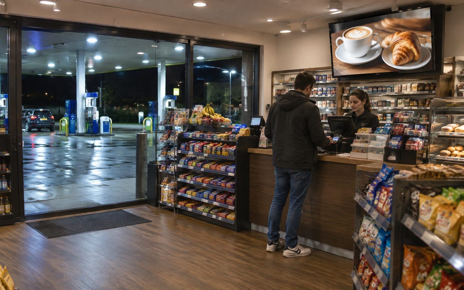 A forecourt with a DisplayCircle screen on the wall