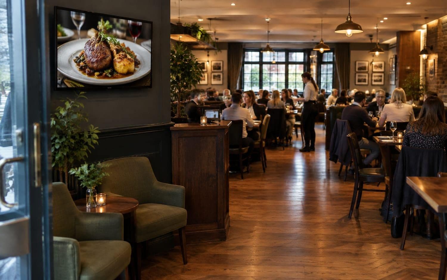 A restaurant with a DisplayCircle screen on the wall