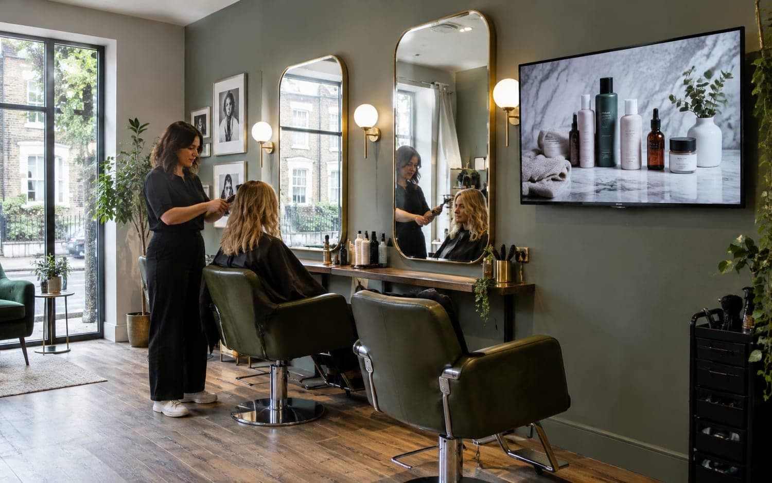 A salon with a DisplayCircle screen on the wall